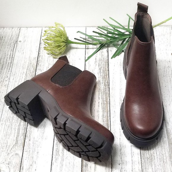 New Brown Chelsea Rlound Toe Platform Ankle Boots Booties - Picture 3 of 4